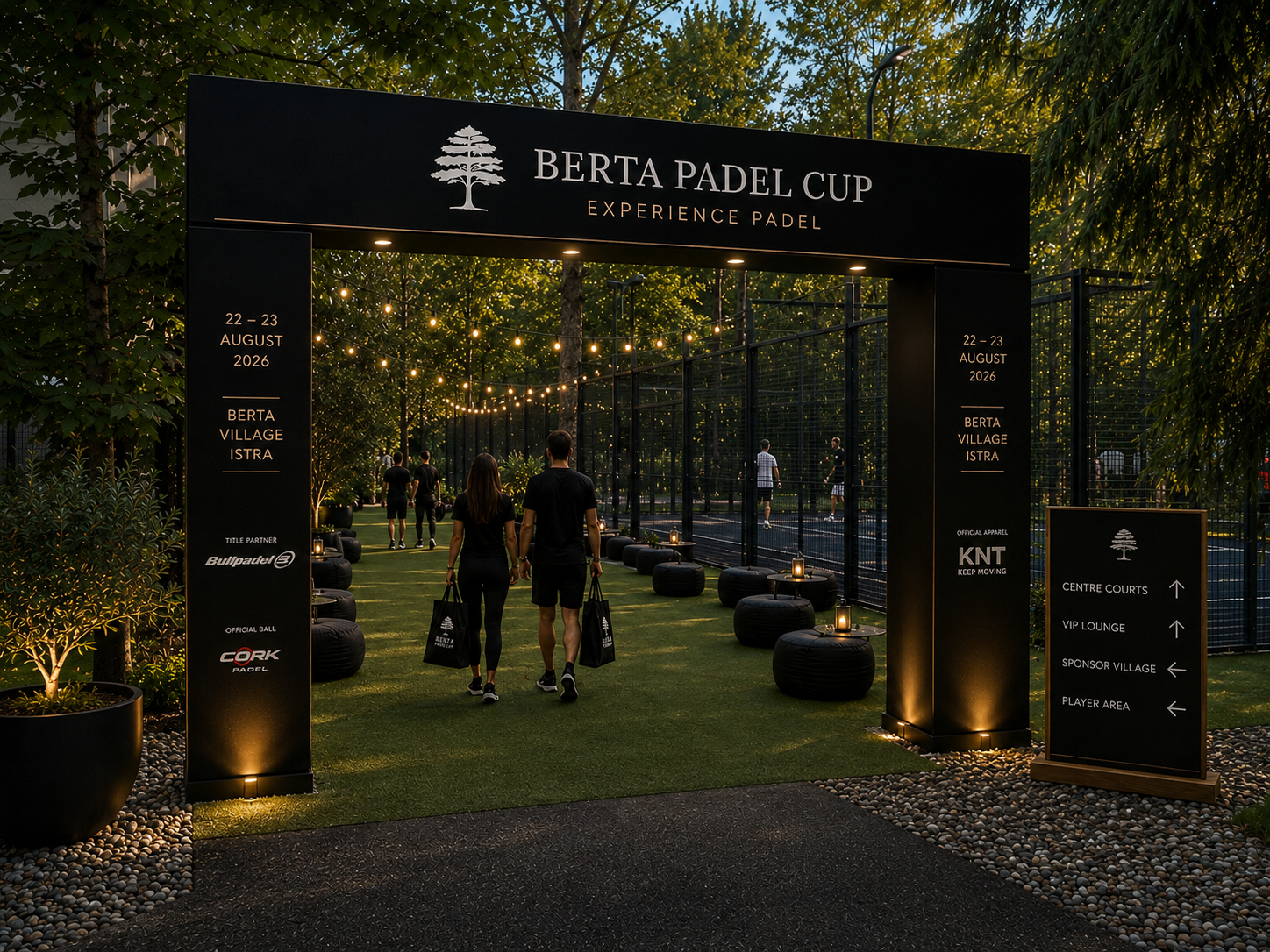 Concept render of the Berta Padel Cup entrance arch at dusk
